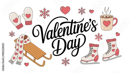 Valentine's Day Icon set: A charming assortment of Valentine's Day icons and lettering, featuring hearts, snow, and winter accessories, ready to infuse warmth and love.