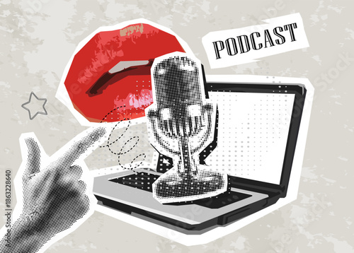 Trendy Halftone Collage with Studio Microphone for Podcast, speaking lips and laptop. Broadcast recording. Listen to educational content. Online radio. Audio streaming service.	