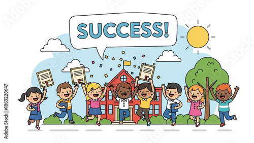 Diverse group of happy children celebrating academic success with papers in front of a school building