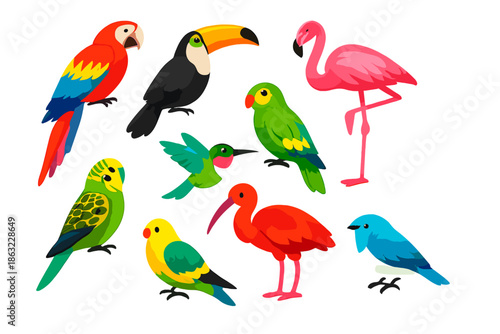 Collection of colorful tropical birds in vibrant glowing lights