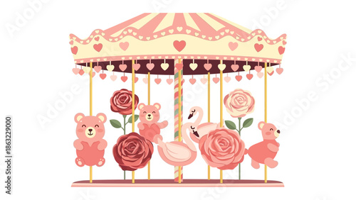 Whimsical Carousel of Dreams: A delightful carousel showcases charming decorations of roses, teddy bears, and swans. A scene perfect for sparking joy and nostalgia