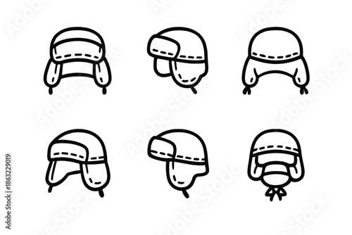 Set of six black outline winter hats on a dark gradient background