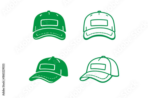 Four green baseball cap icons with neon glow