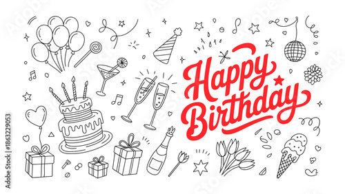 Birthday Bliss: A festive arrangement of balloons, cake, champagne, gifts, and party hats. All the necessary elements to celebrate a special day are there.