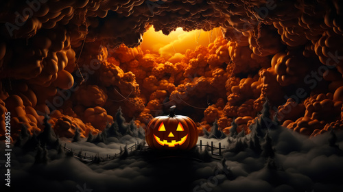Glowing jack-o’-lantern in a dark enchanted forest with dramatic lighting, symbolizing mystery, Halloween night, and spooky storytelling.