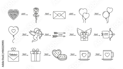 Valentine's Day Line Icons: A collection of charming line icons related to Valentine's Day. Featuring a rose, heart balloons, a love letter, cupid's arrow, a gift box and a lovely teacup.