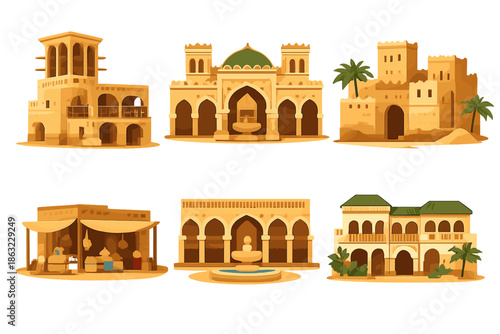 Collection of Arabian-style buildings and marketplaces