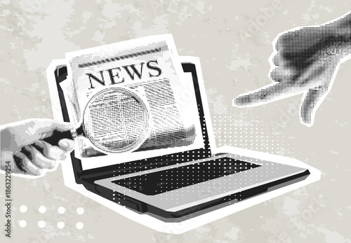 Trendy Halftone Collage Fake news concept. Spreading false information on website. Social media propaganda or disinformation. Hand holding magnifier glass. Contemporary vector illustration art	