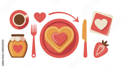 Love-themed Breakfast Feast: A beautifully arranged collection of breakfast items, each infused with a heart motif, representing the warmth and tenderness of a shared meal.