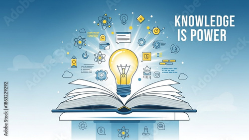 Open book with lightbulb and icons representing knowledge and ideas on a blue background with text