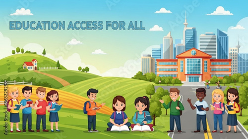 Diverse group of students with books standing on road and grassy hill near school building and cityscape