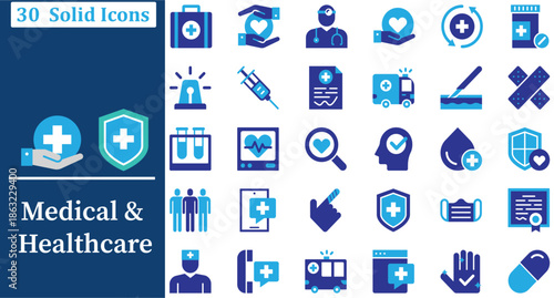 Medical and Healthcare solid icons set for Hospital, First Aid, Clinic, Pharmacy and Insurance. fully editable eps 10.