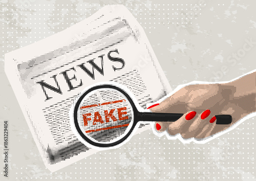 Trendy Halftone Collage Fake news concept. Spreading false information. Social media propaganda or disinformation. Hand holding magnifier glass and newspaper. Contemporary vector illustration art	