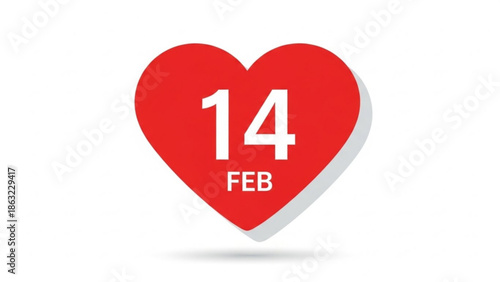 Red Heart with 14 February Date on White Background, Valentines Day Symbol