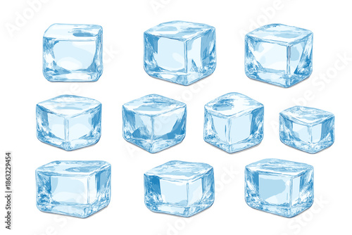 Multiple ice cubes glowing with blue light against a striped background