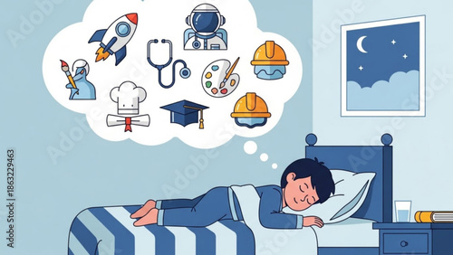 A man sleeps peacefully in bed with dreams of various careers and professions floating above his head