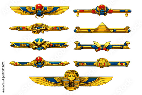 Egyptian Hieroglyphic Ornate Decorative Borders with Gold and Blue Accents