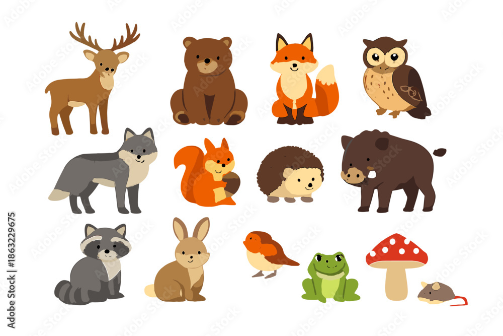 Fototapeta premium Cute forest animals and nature elements on a glowing background