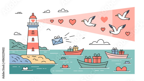Love's Guiding Light: A lighthouse beacons across the sea, sending beams of affection towards boats carrying gifts, with seagulls carrying hearts in a whimsical expression of love and romance.