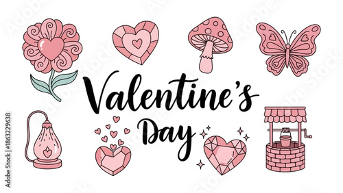 Valentine's Day Emblems: A charming collection of love-themed emblems, perfect for celebrating the spirit of Valentine's Day. Featuring hearts, flowers, butterflies, and other symbols of affection. 