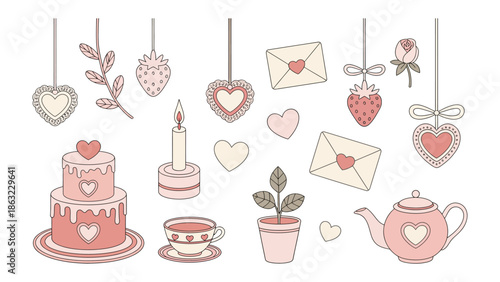 Romantic Delights: A collection of charming illustrations showcasing a romantic theme, featuring hearts, candles, a cake, and other love-inspired decorations. 