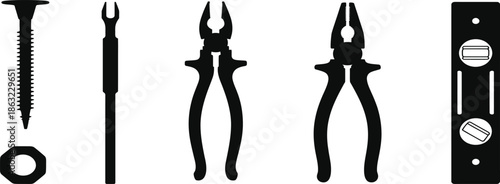A collection of five black silhouette tools including a screw pick pliers and a wrench on transparent background high-quality professional