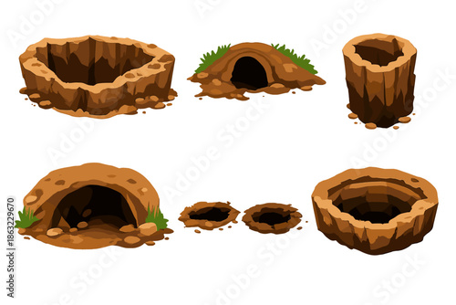 Collection of cartoon burrows and holes