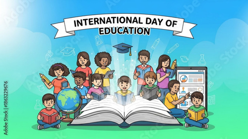 International day of education, children with books and globe, learning concept, school and education