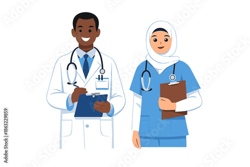 Diverse medical professionals in scrubs and lab coat