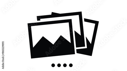 Black and white stacked frames illustration with simple mountain shapes and dots below