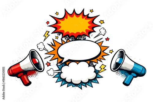 Megaphones Announcing with Comic Book Style Speech Bubbles