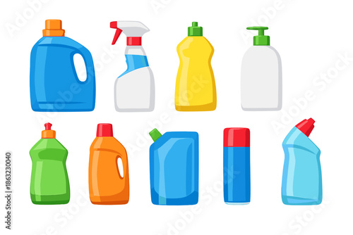 Assortment of colorful cleaning product bottles glowing