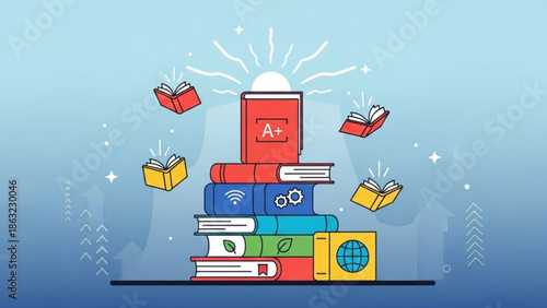 A stack of colorful books with symbols and icons floating upwards on a blue background with a sunburst