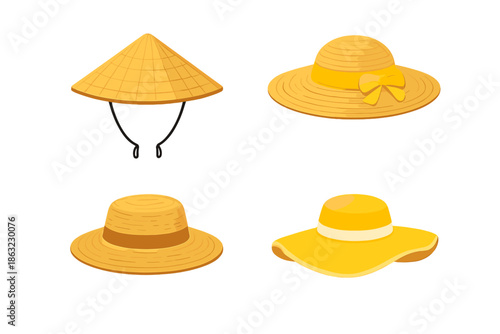 Four stylized hats on a golden background