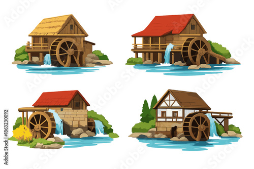 Collection of four cartoon watermills on a river