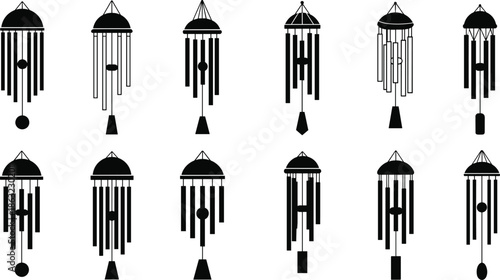 Silhouette Wind Chime Collection Featuring Diverse Hanging Tube Designs, Unique Clapper Shapes, and Decorative Sails in Grid Arrangement Vector