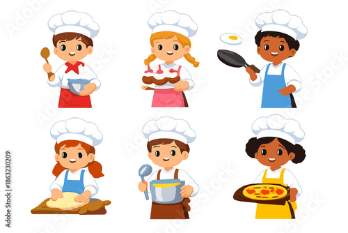 Children wearing chef hats cooking and baking