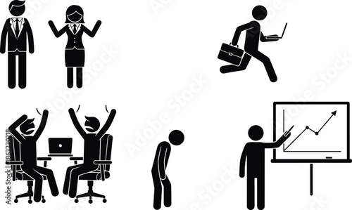   
Silhouette vector illustration of business people in office scenes showing teamwork, stress, success, fatigue, and multitasking emotions