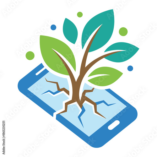 Digital Detox Concept — Plant Growing from Cracked Smartphone Vector Illustration