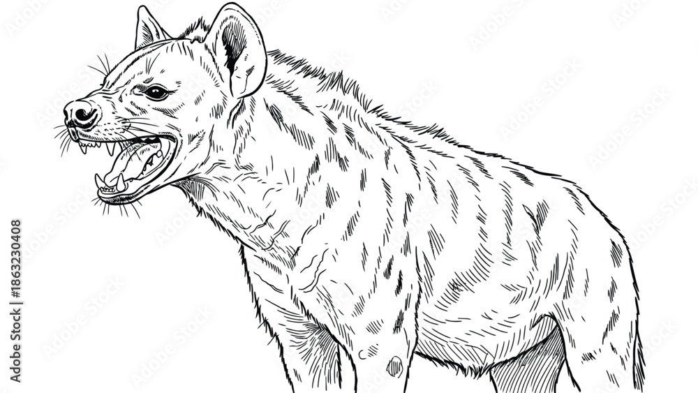 Fototapeta premium Intense Hyena Snarling In Profile – Black And White Line Art For Wildlife Stock