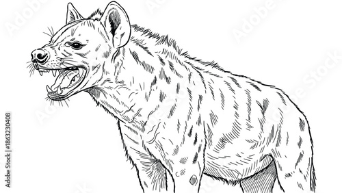 Intense Hyena Snarling In Profile – Black And White Line Art For Wildlife Stock