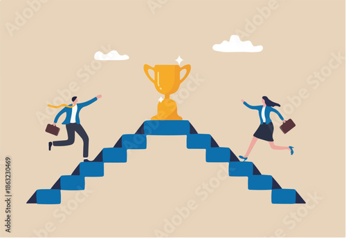Business competition, employee motivation to success, rivalry or conflict, contest or challenge to achieve target, effort concept, businessman and businesswoman walk up stair compete to win trophy