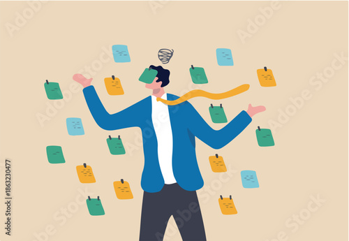 Frustrated or overwhelmed from multitasking, work overload too many tasks, busy overworked, appointment or tired exhausted concept, frustrated businessman working with chaotic sticky notes.