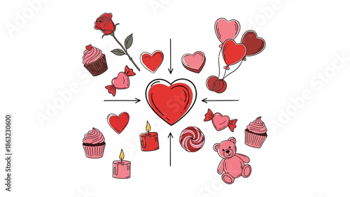 Love's Delight: A charming illustration depicts an array of romantic elements arranged around a heart, symbolizing love, affection, and tenderness.