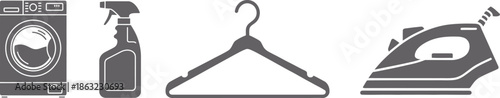 Detailed black silhouettes of a washing machine spray bottle hanger and iron on transparent background high-quality professional detailed modern elegant