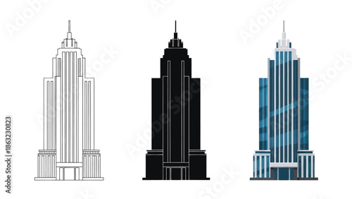 Skyscraper Vector Illustration in Three Styles Line Art Silhouette and Color Version for Modern City Architecture Design