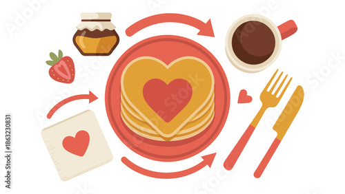 Love's Breakfast: A delightful breakfast arrangement featuring heart-shaped pancakes, a cup of coffee, and fresh strawberries, evoking a sense of warmth and affection.