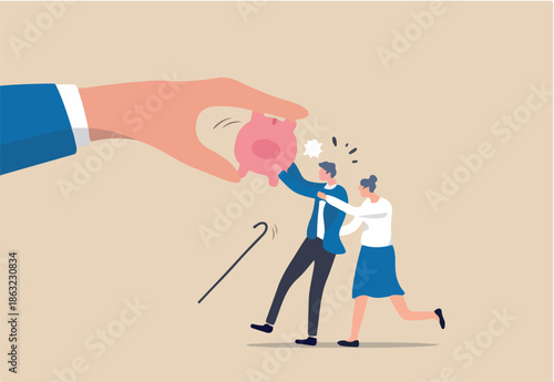 Protect retirement pension money from fraud, ponzi scheme or cost and tax that impact retiree investment fund concept, senior grandparent couple pull back their piggy bank money from thief hand