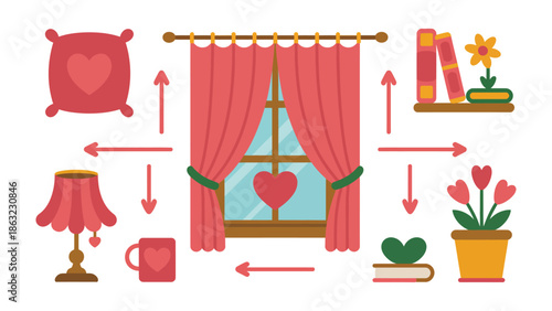 Cozy Interior Illustration: A charming illustration featuring heart-themed decor creates a sense of warmth and comfort, ideal for home and lifestyle concepts.
