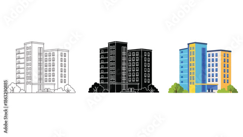 Skyscraper Vector Illustration in Three Styles Line Art Silhouette and Color Version for Modern City Architecture Design